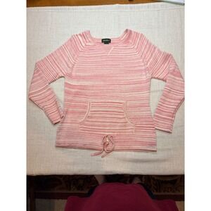 Eddie Bauer Pink White Striped Cotton Pullover Sweater Drawstring Pockets Size L